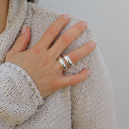 Ring Set of Two: Silver Chunky Dome Ring, Wide Band Statement Ring