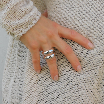 Ring Set of Two: Silver Chunky Dome Ring, Wide Band Statement Ring