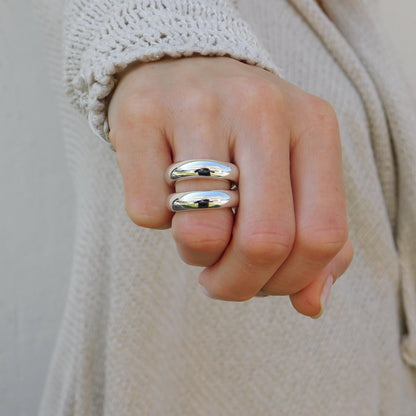 Ring Set of Two: Silver Chunky Dome Ring, Wide Band Statement Ring