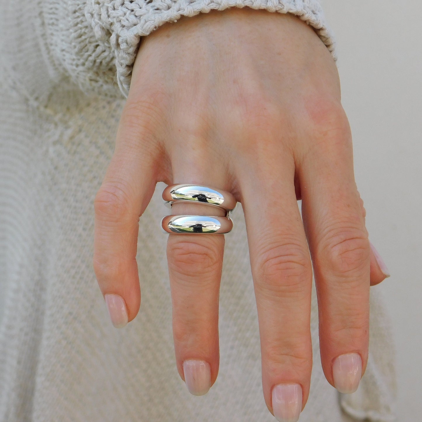Ring Set of Two: Silver Chunky Dome Ring, Wide Band Statement Ring