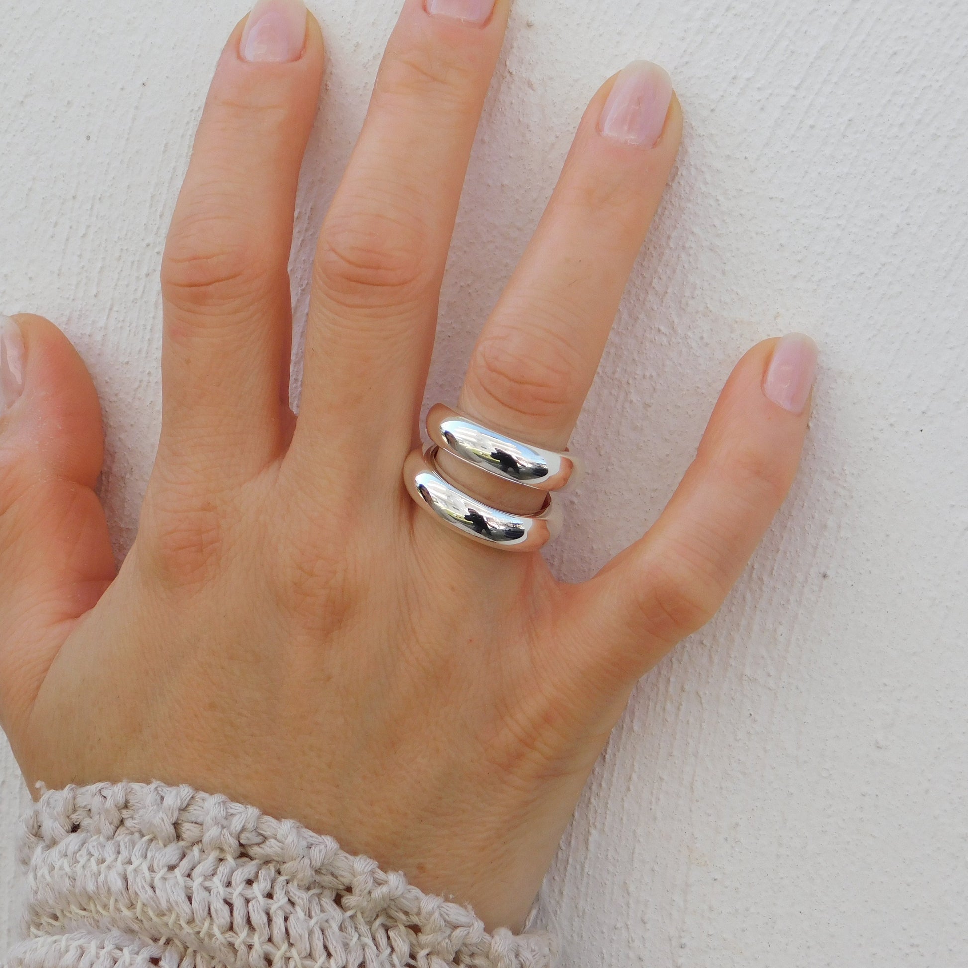 Ring Set of Two: Silver Chunky Dome Ring, Wide Band Statement Ring