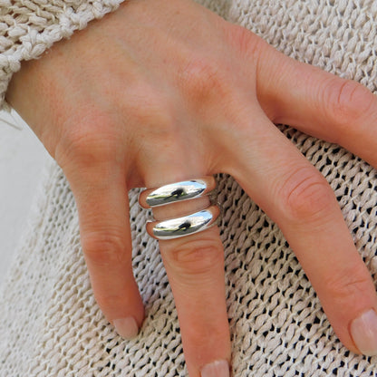 Ring Set of Two: Silver Chunky Dome Ring, Wide Band Statement Ring