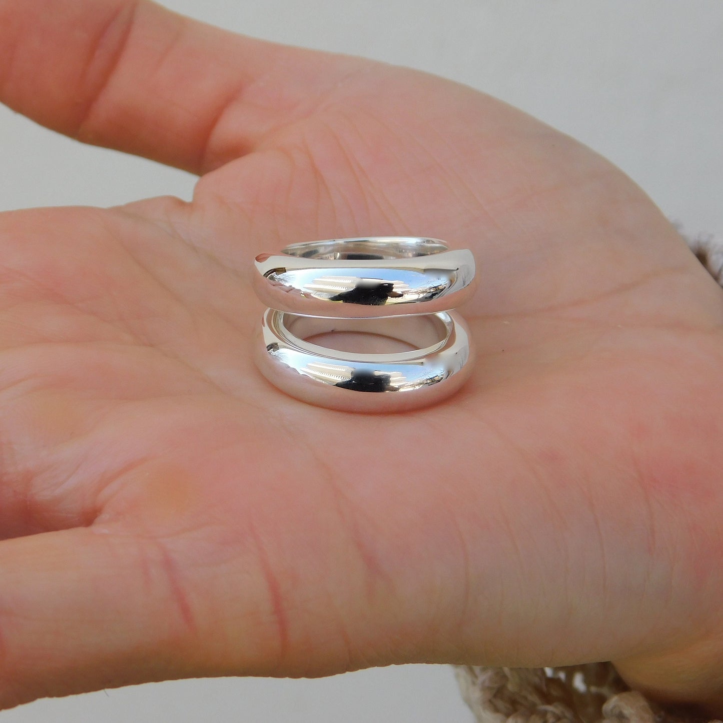 Ring Set of Two: Silver Chunky Dome Ring, Wide Band Statement Ring