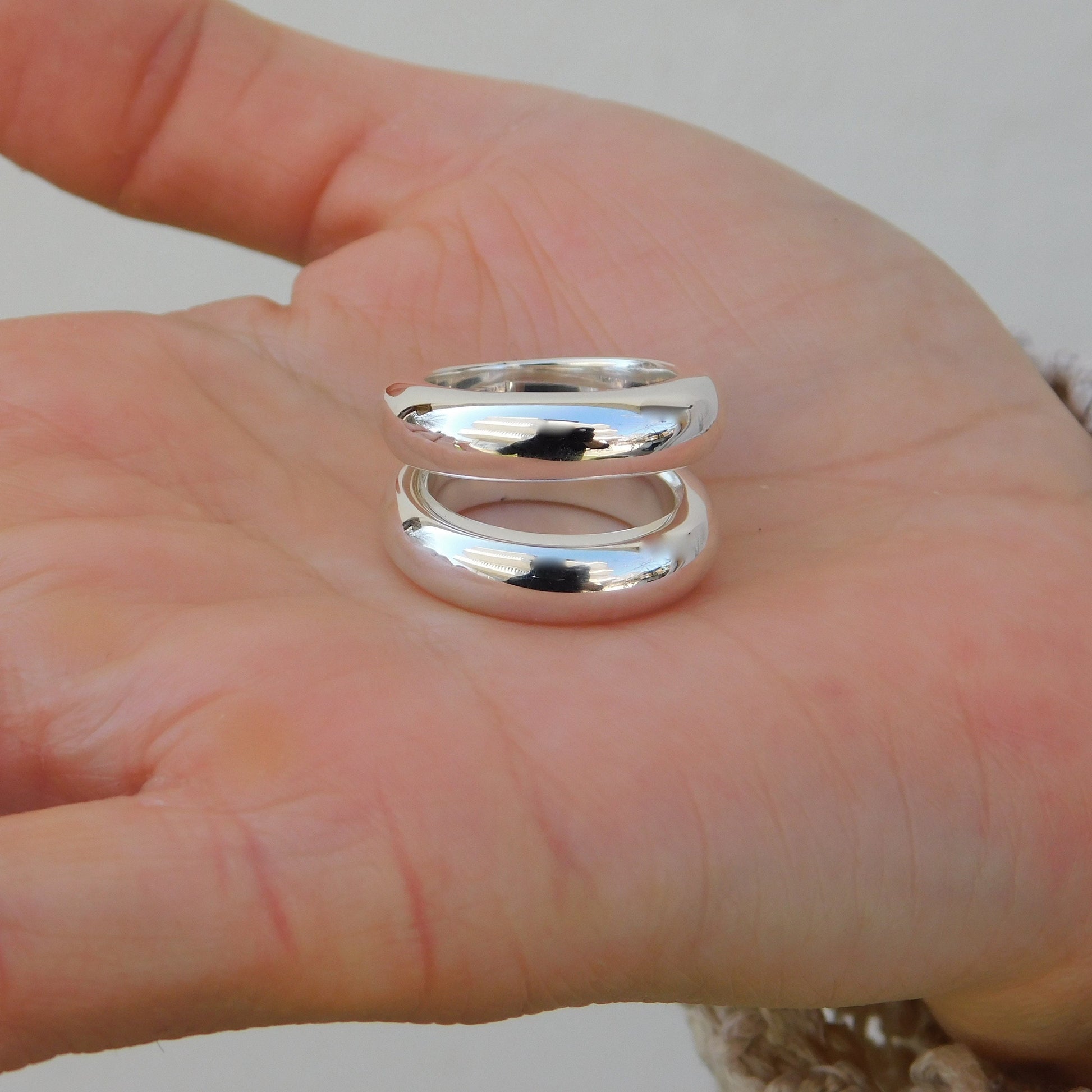 Ring Set of Two: Silver Chunky Dome Ring, Wide Band Statement Ring