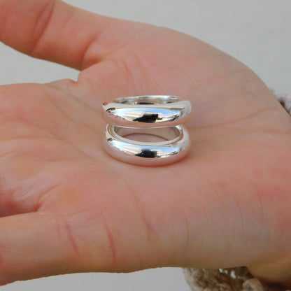 Ring Set of Two: Silver Chunky Dome Ring, Wide Band Statement Ring