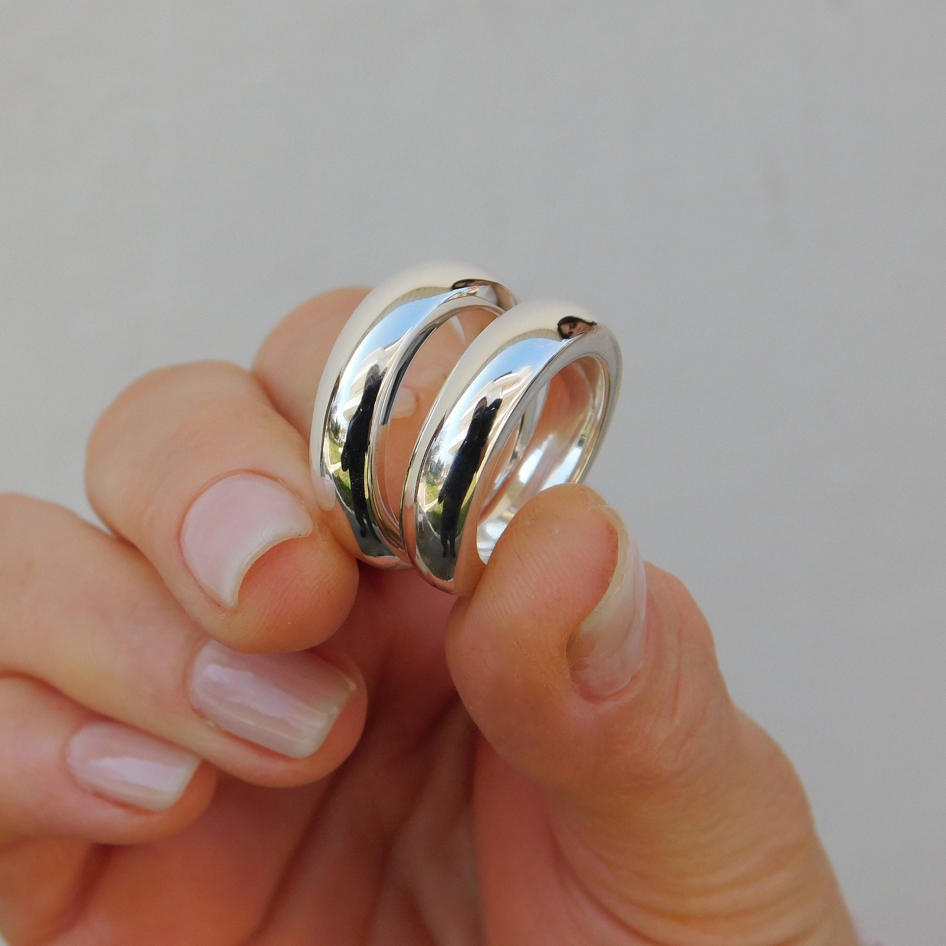 Ring Set of Two: Silver Chunky Dome Ring, Wide Band Statement Ring