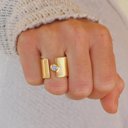 Wide Band Moissanite Ring: Gold Plated Silver Statement Ring