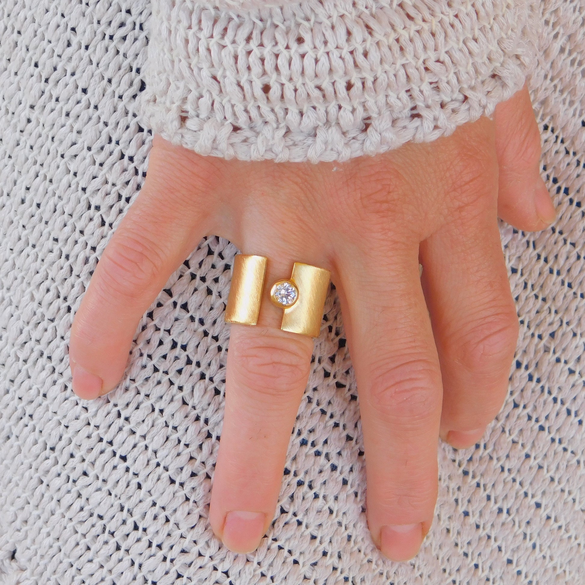 Wide Band Moissanite Ring: Gold Plated Silver Statement Ring