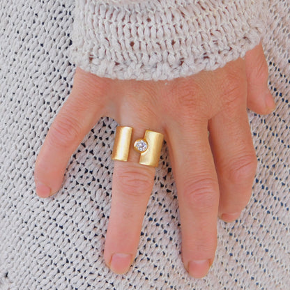 Wide Band Moissanite Ring: Gold Plated Silver Statement Ring
