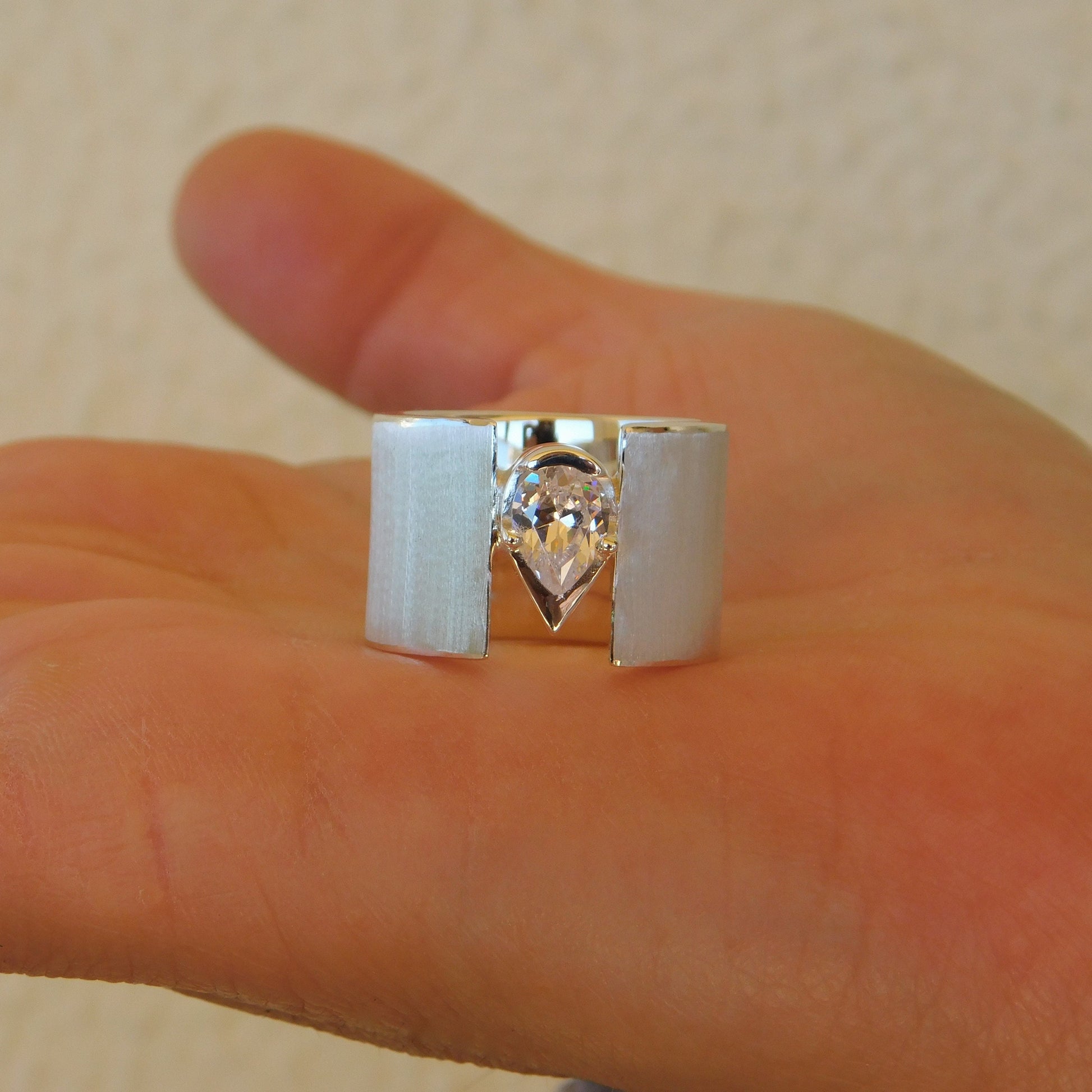 Wide Band Ring: Pear Shaped Diamond, Chunky Wedding Ring