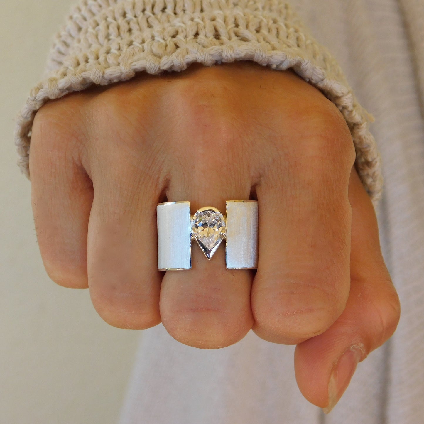 Wide Band Ring: Pear Shaped Diamond, Chunky Wedding Ring