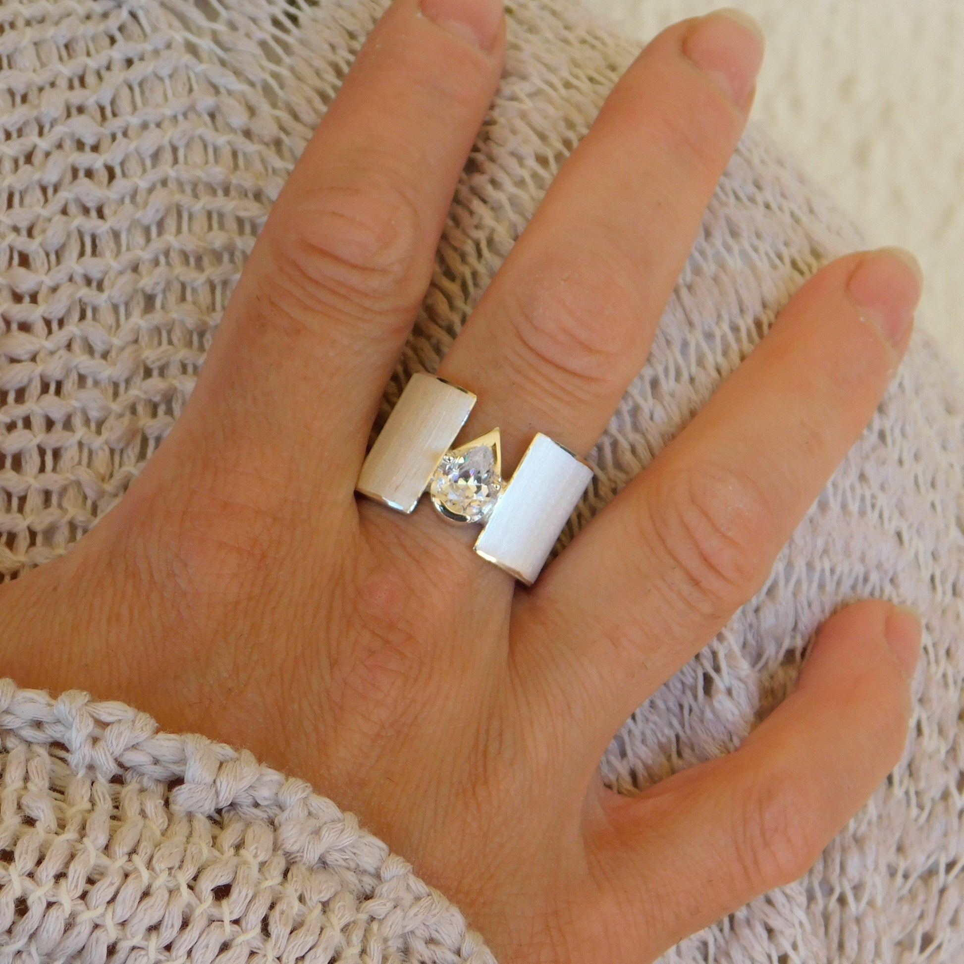 Wide Band Ring: Pear Shaped Diamond, Chunky Wedding Ring