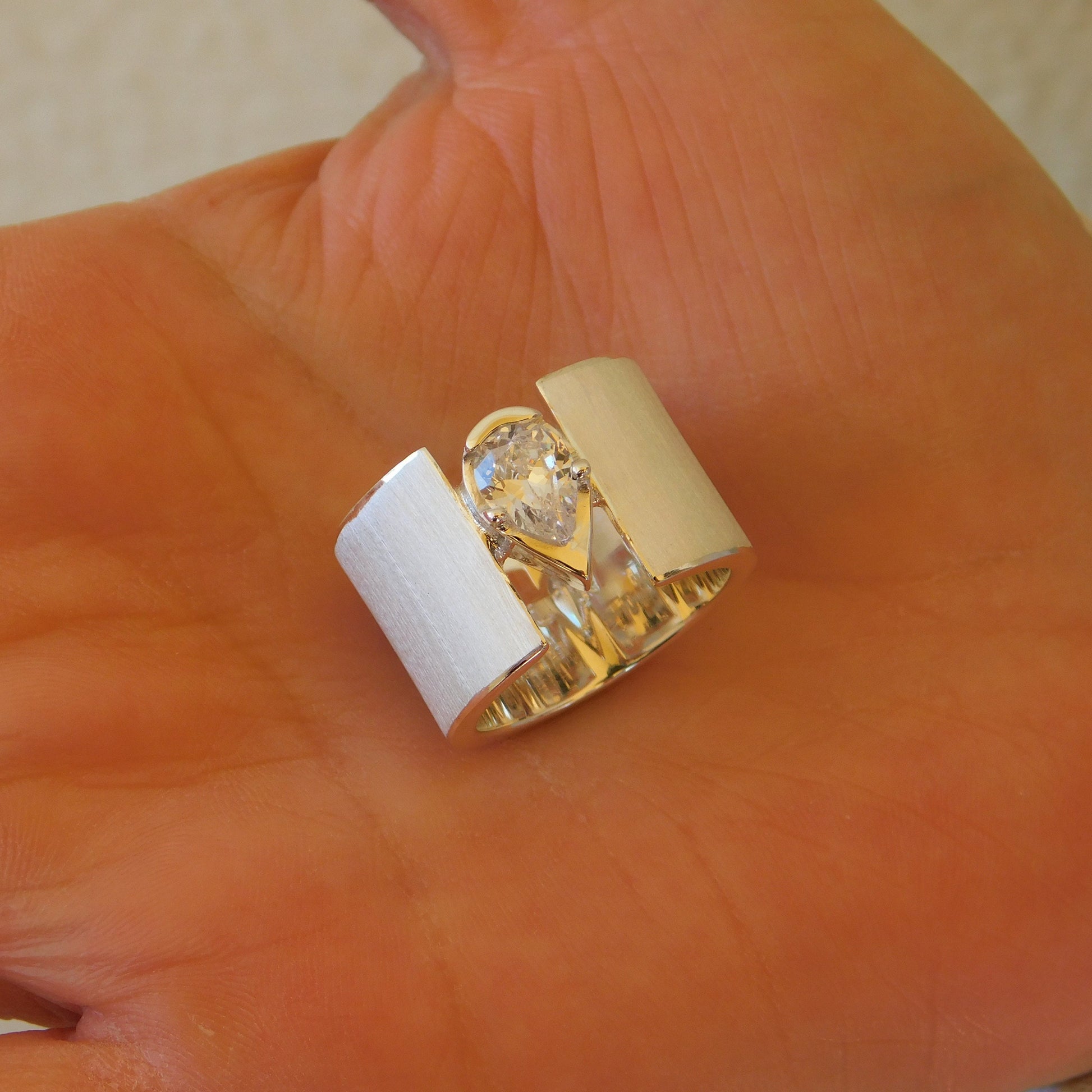 Wide Band Ring: Pear Shaped Diamond, Chunky Wedding Ring