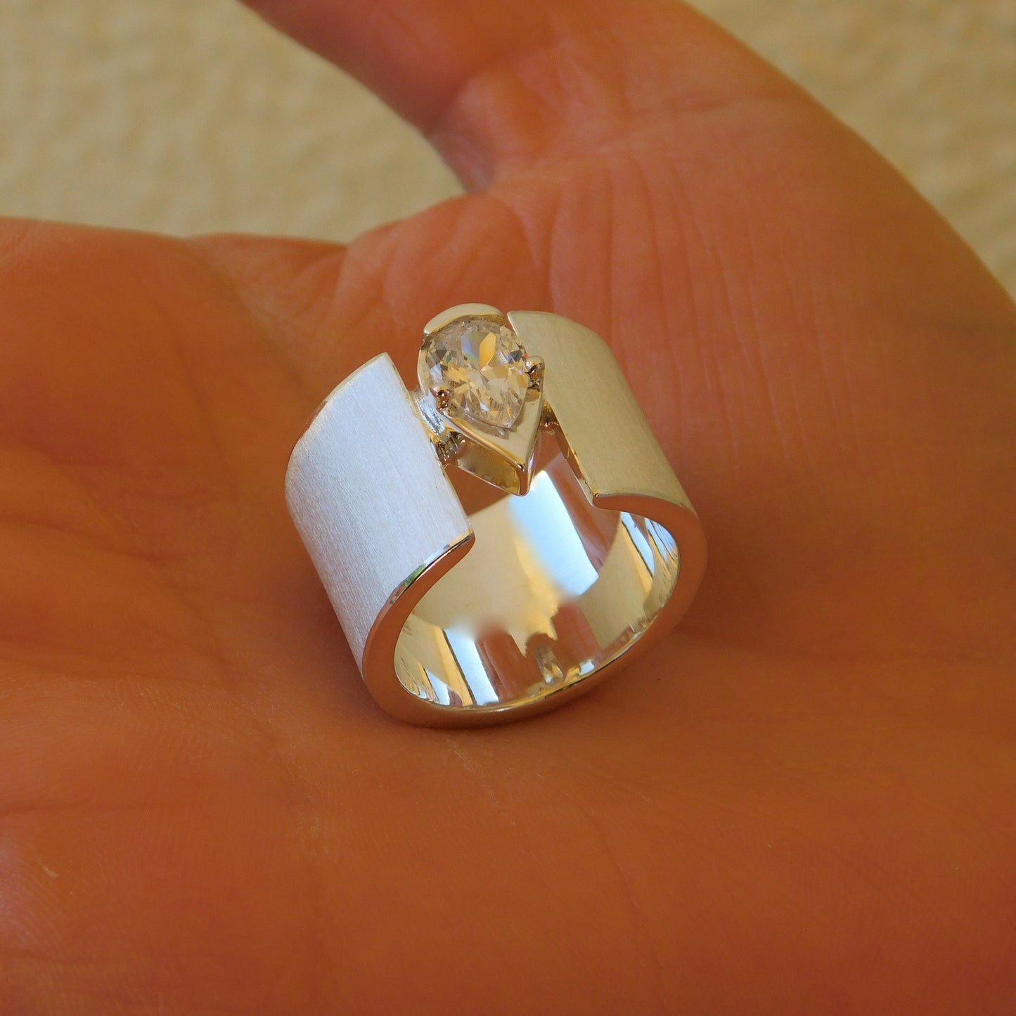 Wide Band Ring: Pear Shaped Diamond, Chunky Wedding Ring