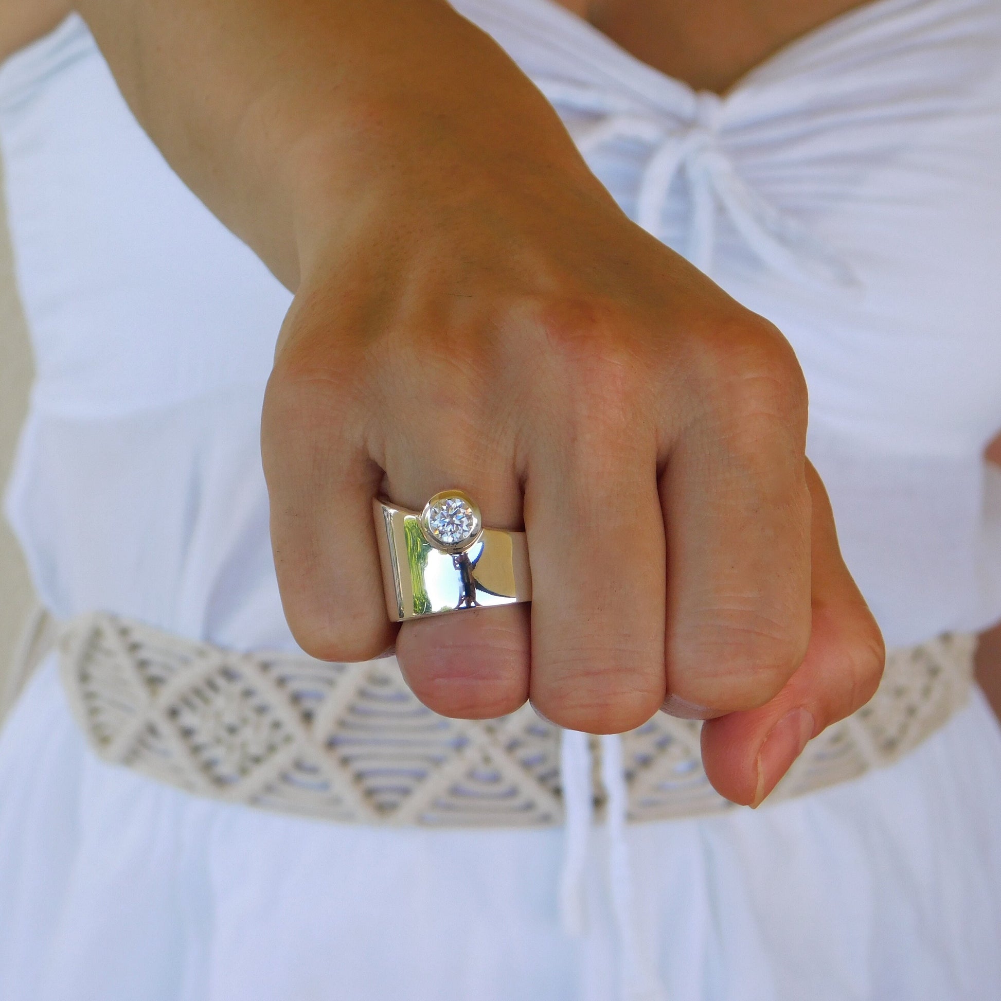 Statement Ring: Moissanite Ring, Wedding Band Silver AG 950, Asymmetrical Design