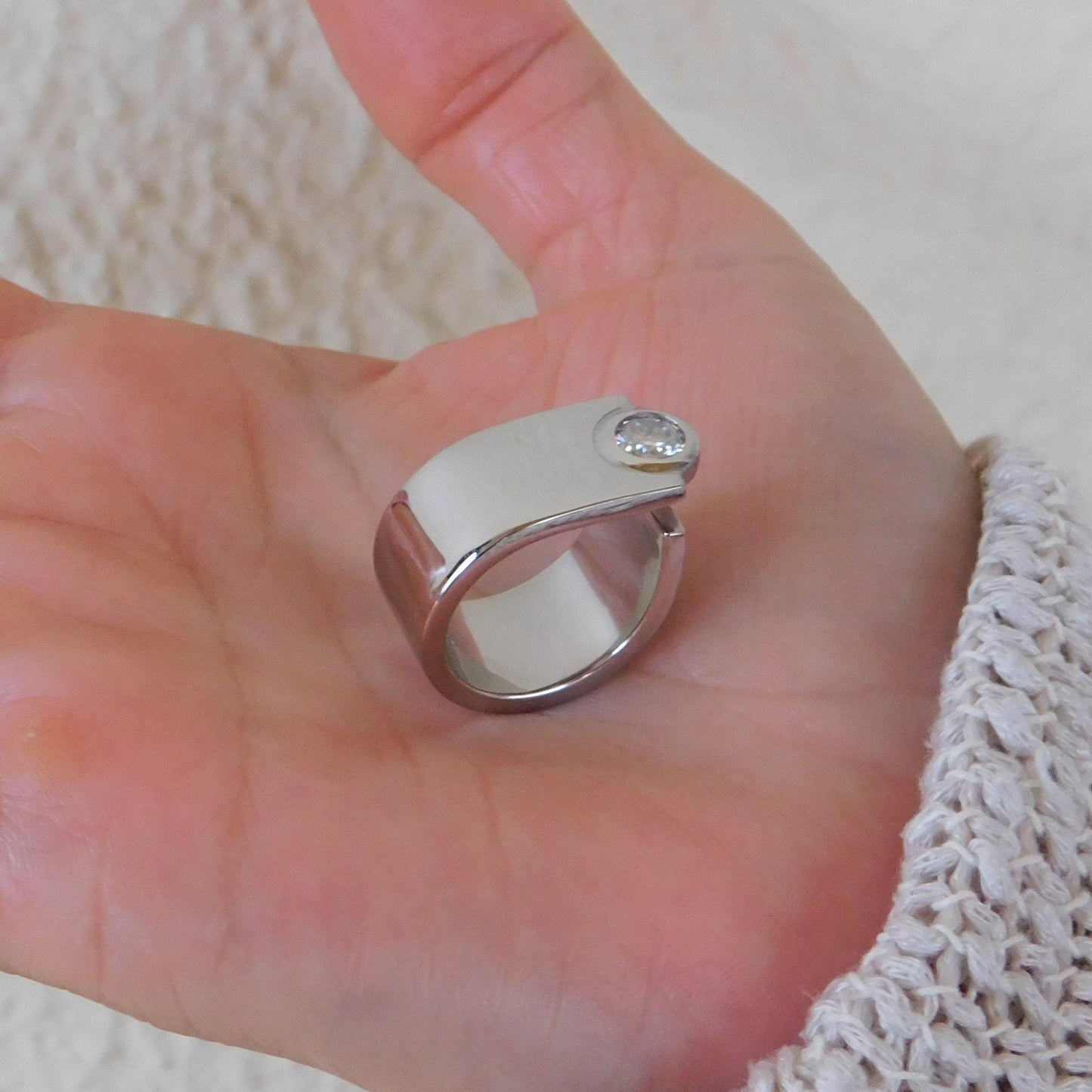 Moissanite Statement Ring: Contemporary Offset Solitaire Engagement Band
