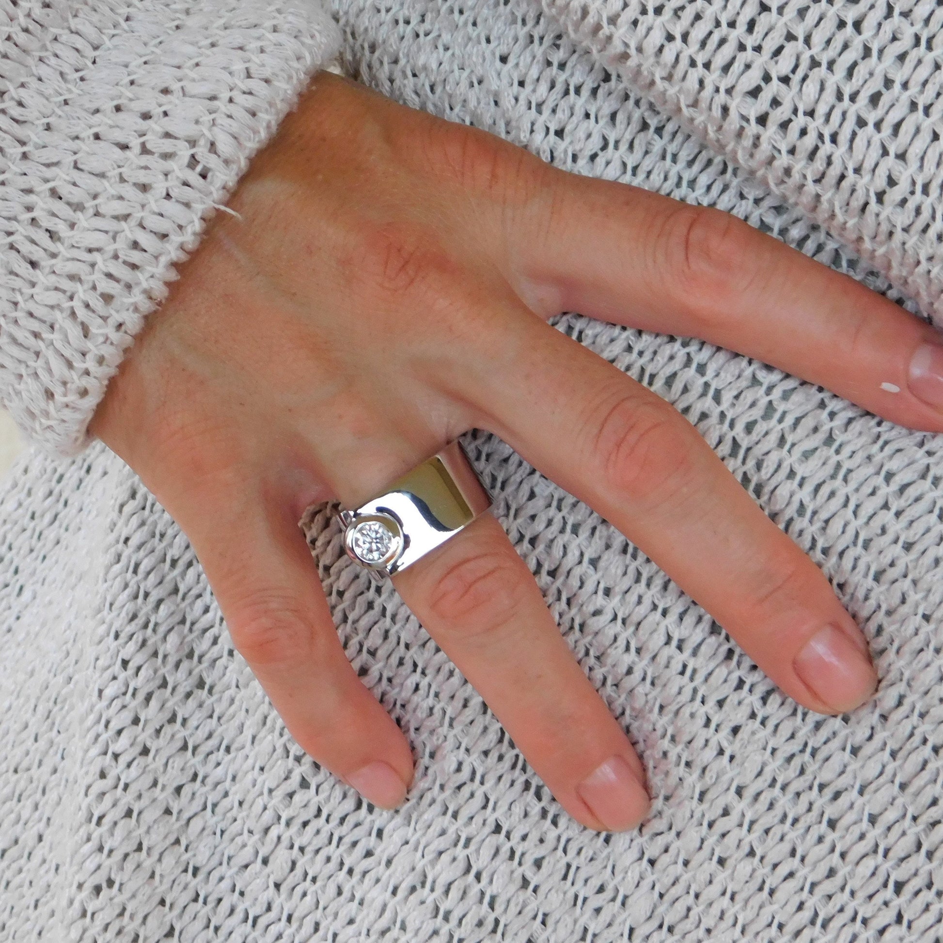 Moissanite Statement Ring: Contemporary Offset Solitaire Engagement Band