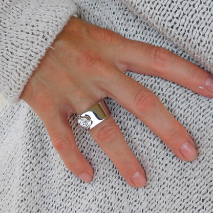 Moissanite Statement Ring: Contemporary Offset Solitaire Engagement Band