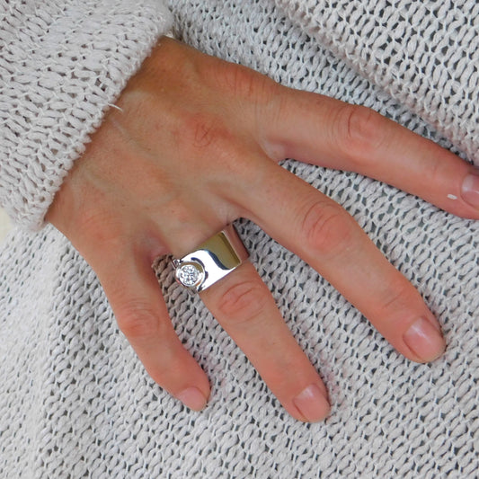 Moissanite Statement Ring: Contemporary Offset Solitaire Engagement Band