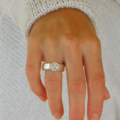 Thick Band Moissanite Engagement Ring: AG950 Sterling Silver Tension Ring