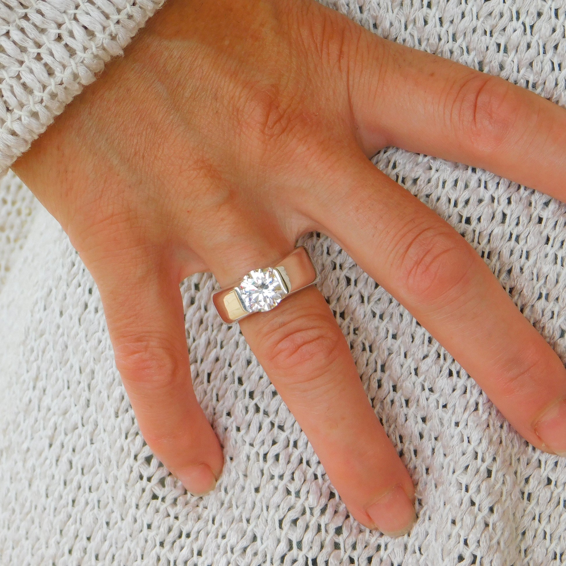 Thick Band Moissanite Engagement Ring: AG950 Sterling Silver Tension Ring