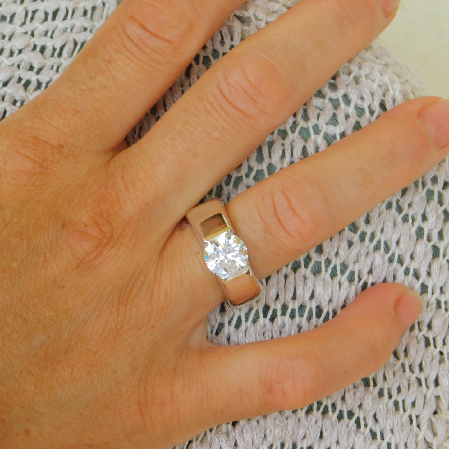 Thick Band Moissanite Engagement Ring: AG950 Sterling Silver Tension Ring