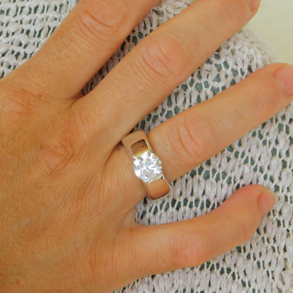 Thick Band Moissanite Engagement Ring: AG950 Sterling Silver Tension Ring
