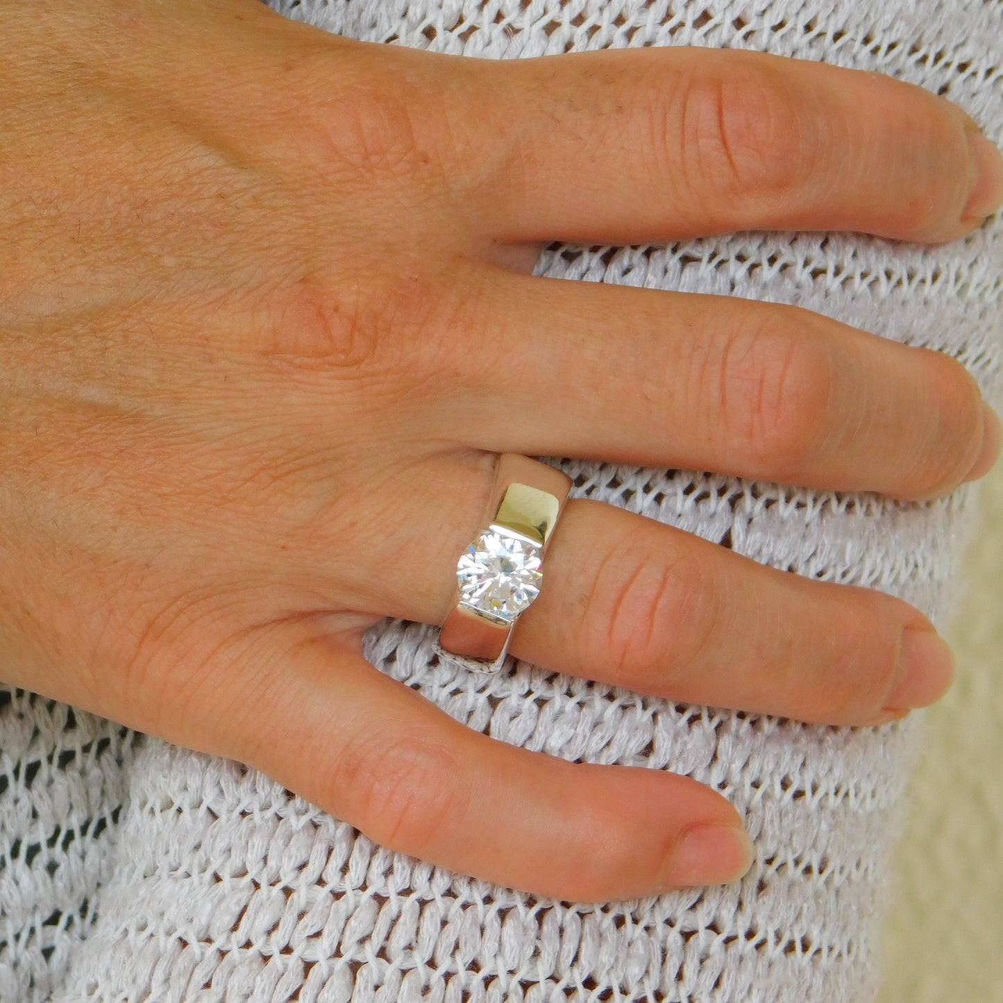 Thick Band Moissanite Engagement Ring: AG950 Sterling Silver Tension Ring
