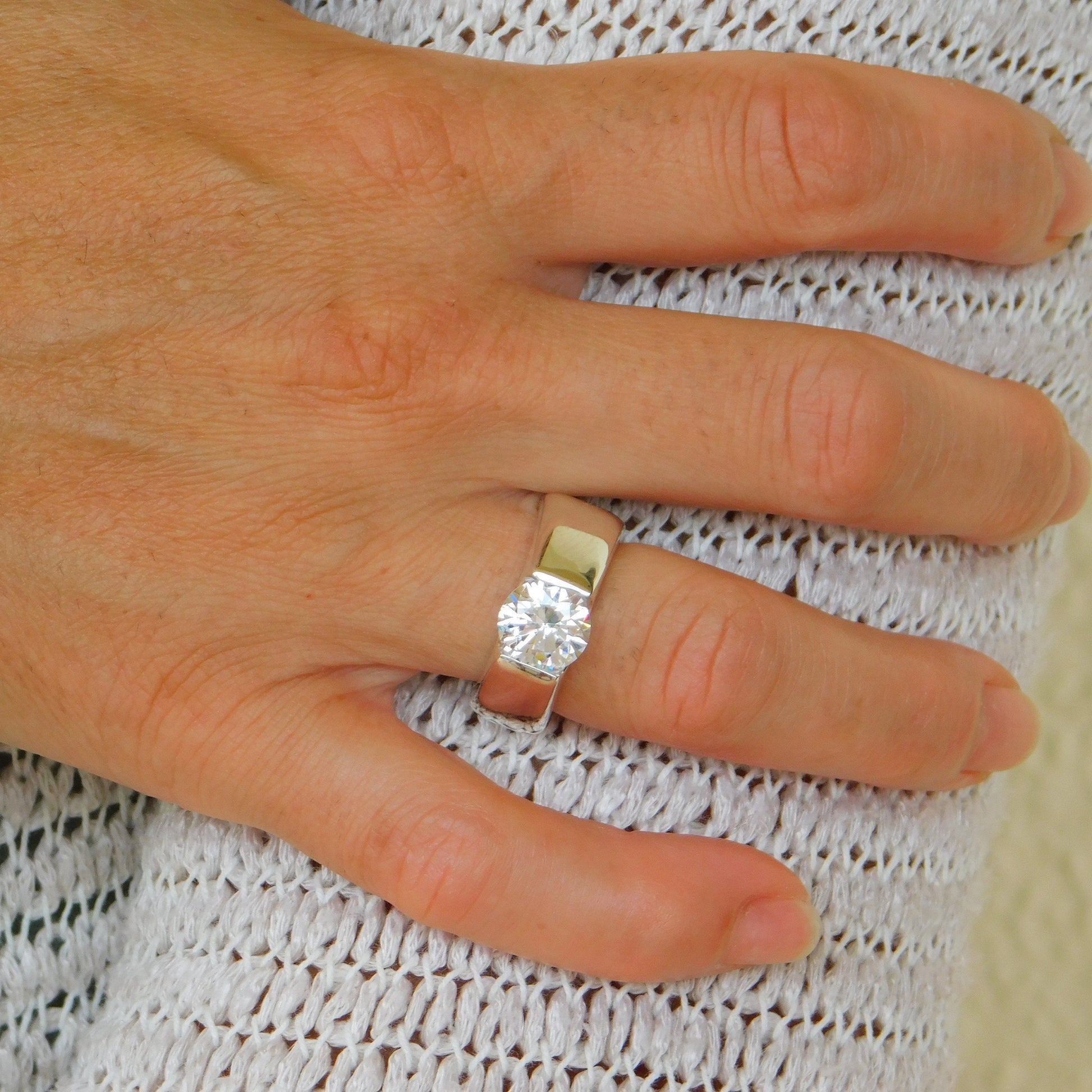 Thick Band Moissanite Engagement Ring: AG950 Sterling Silver Tension Ring