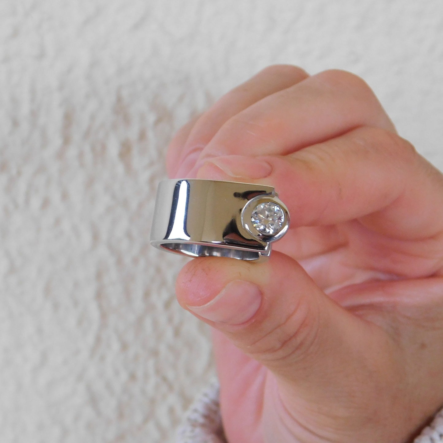Moissanite Statement Ring: Contemporary Offset Solitaire Engagement Band