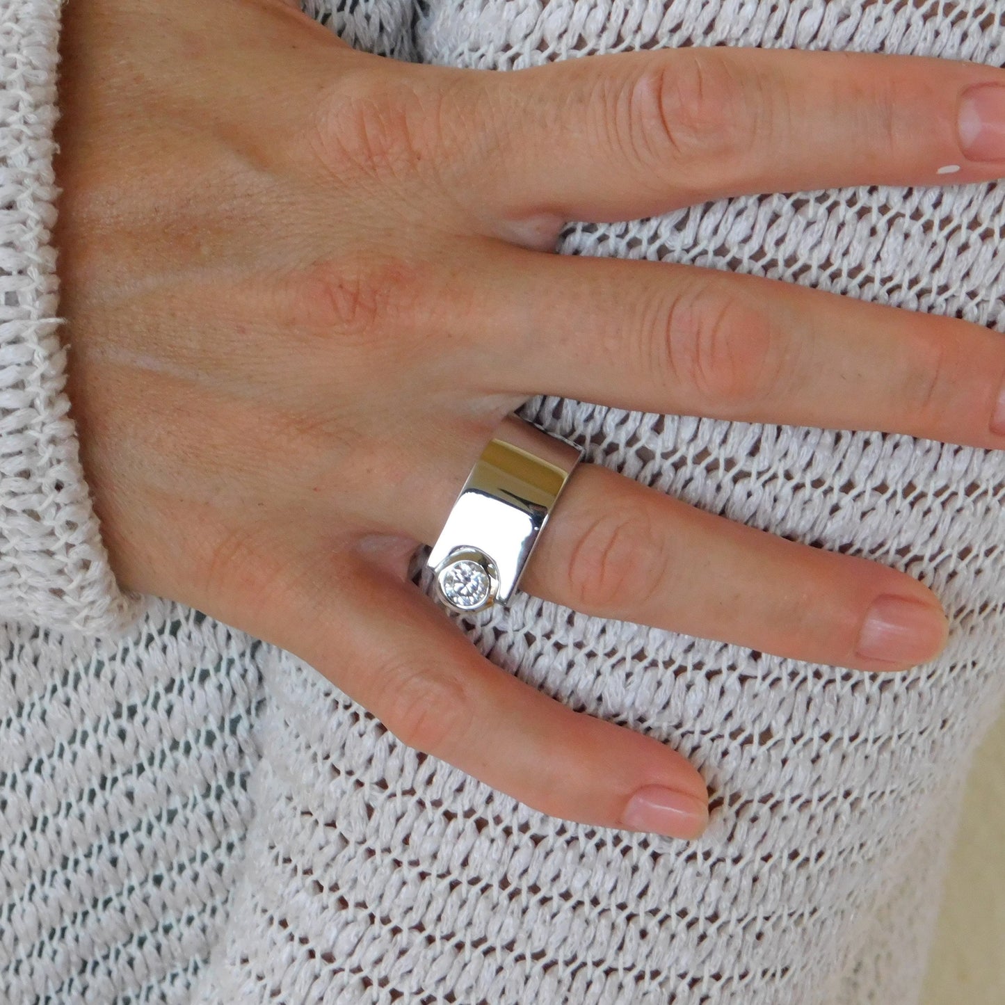 Moissanite Statement Ring: Contemporary Offset Solitaire Engagement Band