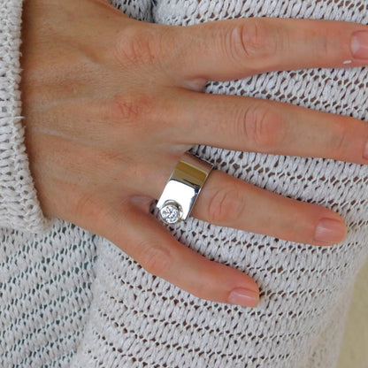 Moissanite Statement Ring: Contemporary Offset Solitaire Engagement Band