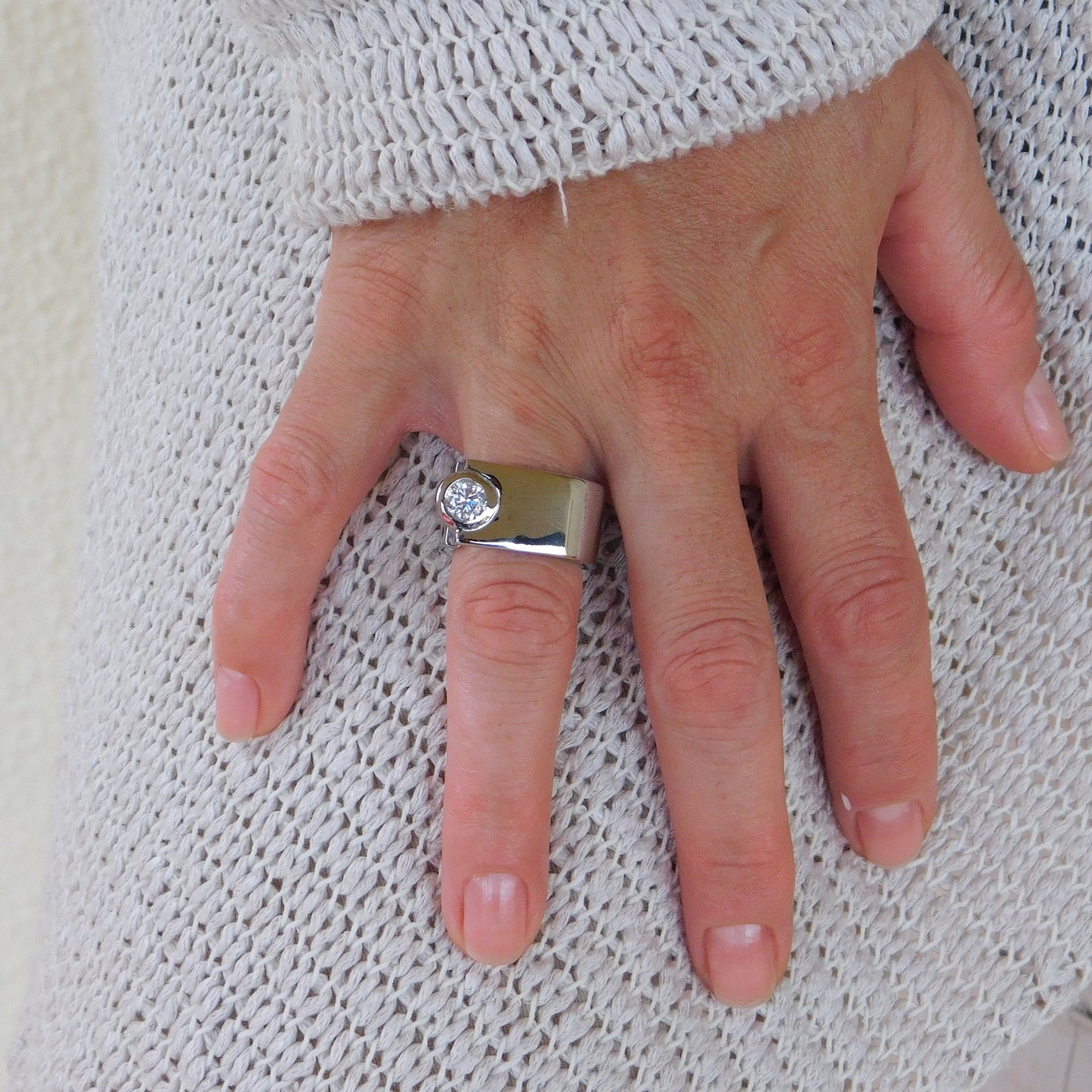 Moissanite Statement Ring: Contemporary Offset Solitaire Engagement Band