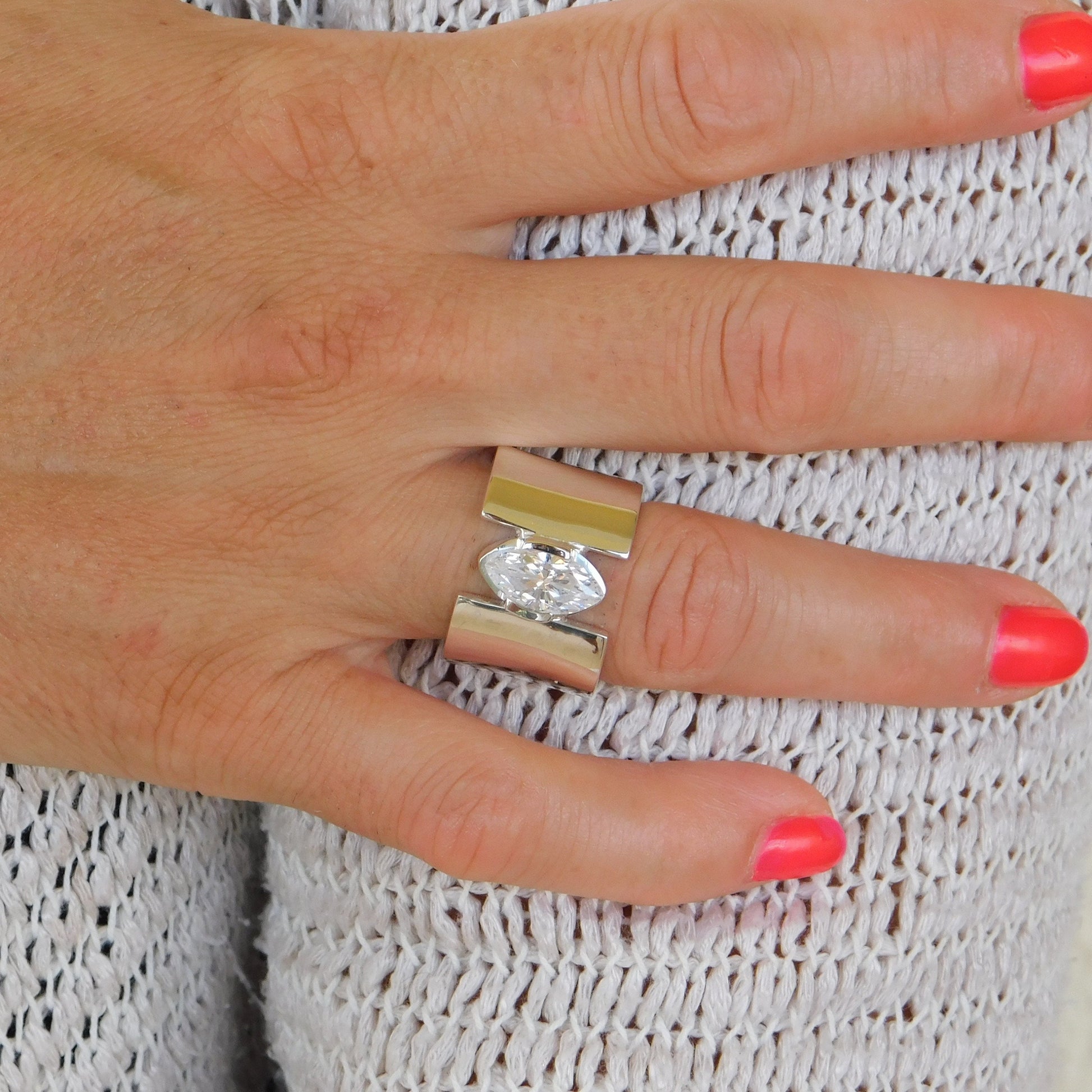 Promise Ring for Women: AG950 Silver Wide Band Ring, Marquise Cut Moissanite