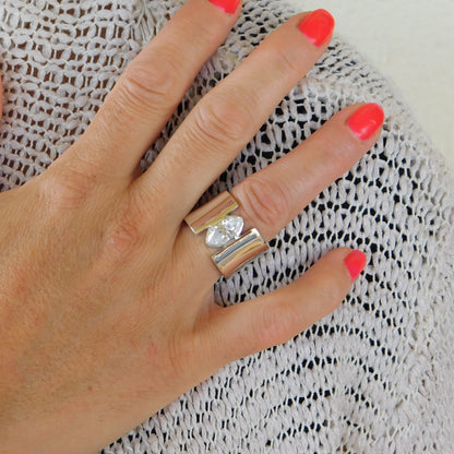 Promise Ring for Women: AG950 Silver Wide Band Ring, Marquise Cut Moissanite