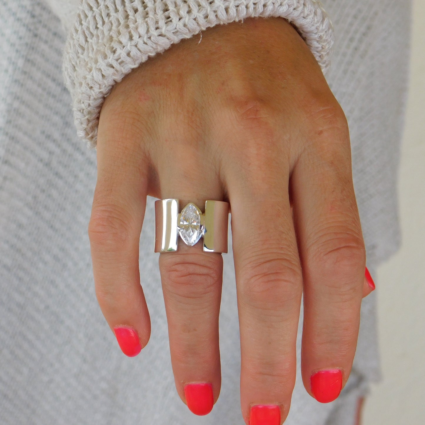 Promise Ring for Women: AG950 Silver Wide Band Ring, Marquise Cut Moissanite