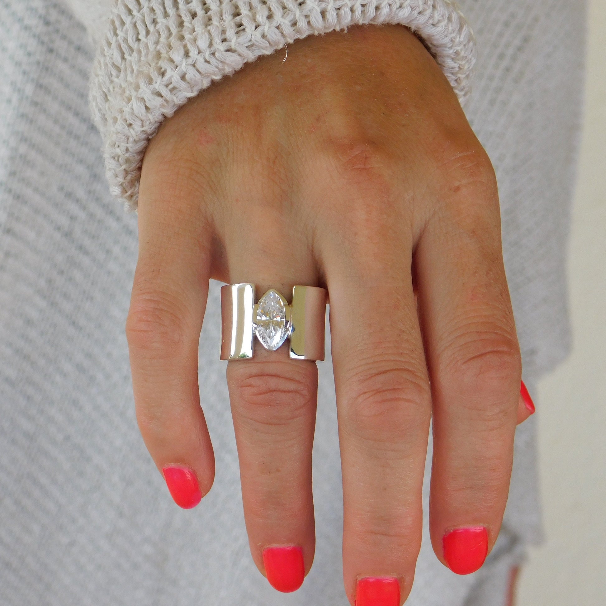 Promise Ring for Women: AG950 Silver Wide Band Ring, Marquise Cut Moissanite