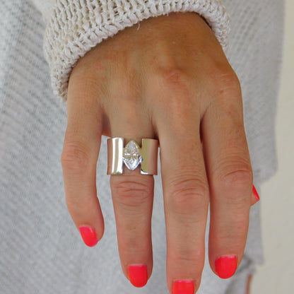 Promise Ring for Women: AG950 Silver Wide Band Ring, Marquise Cut Moissanite