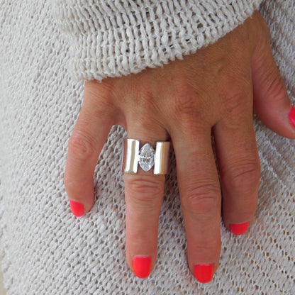 Promise Ring for Women: AG950 Silver Wide Band Ring, Marquise Cut Moissanite