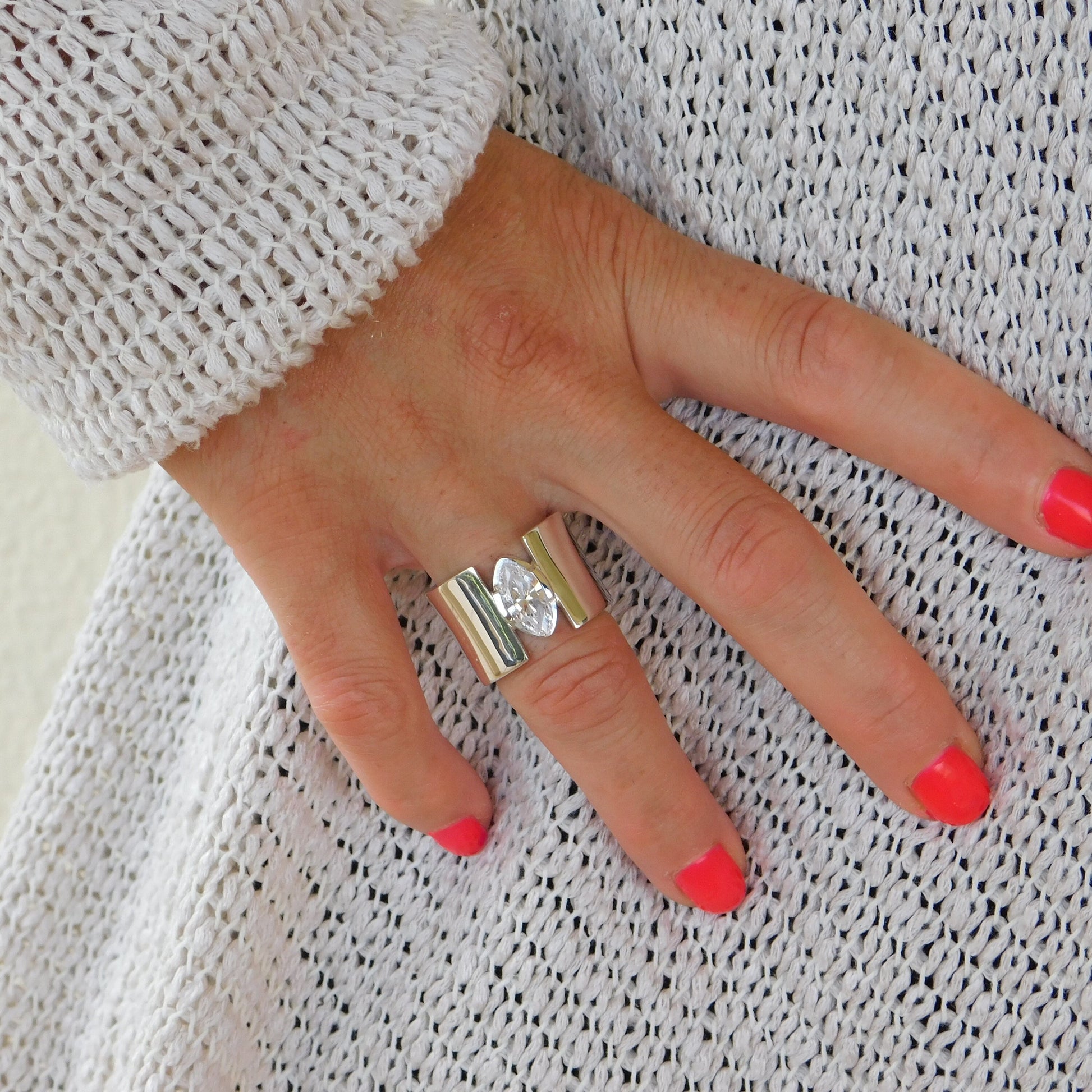 Promise Ring for Women: AG950 Silver Wide Band Ring, Marquise Cut Moissanite