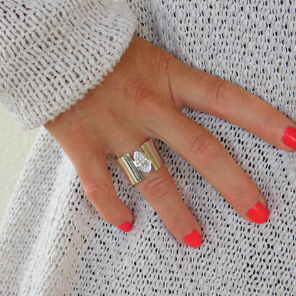 Promise Ring for Women: AG950 Silver Wide Band Ring, Marquise Cut Moissanite