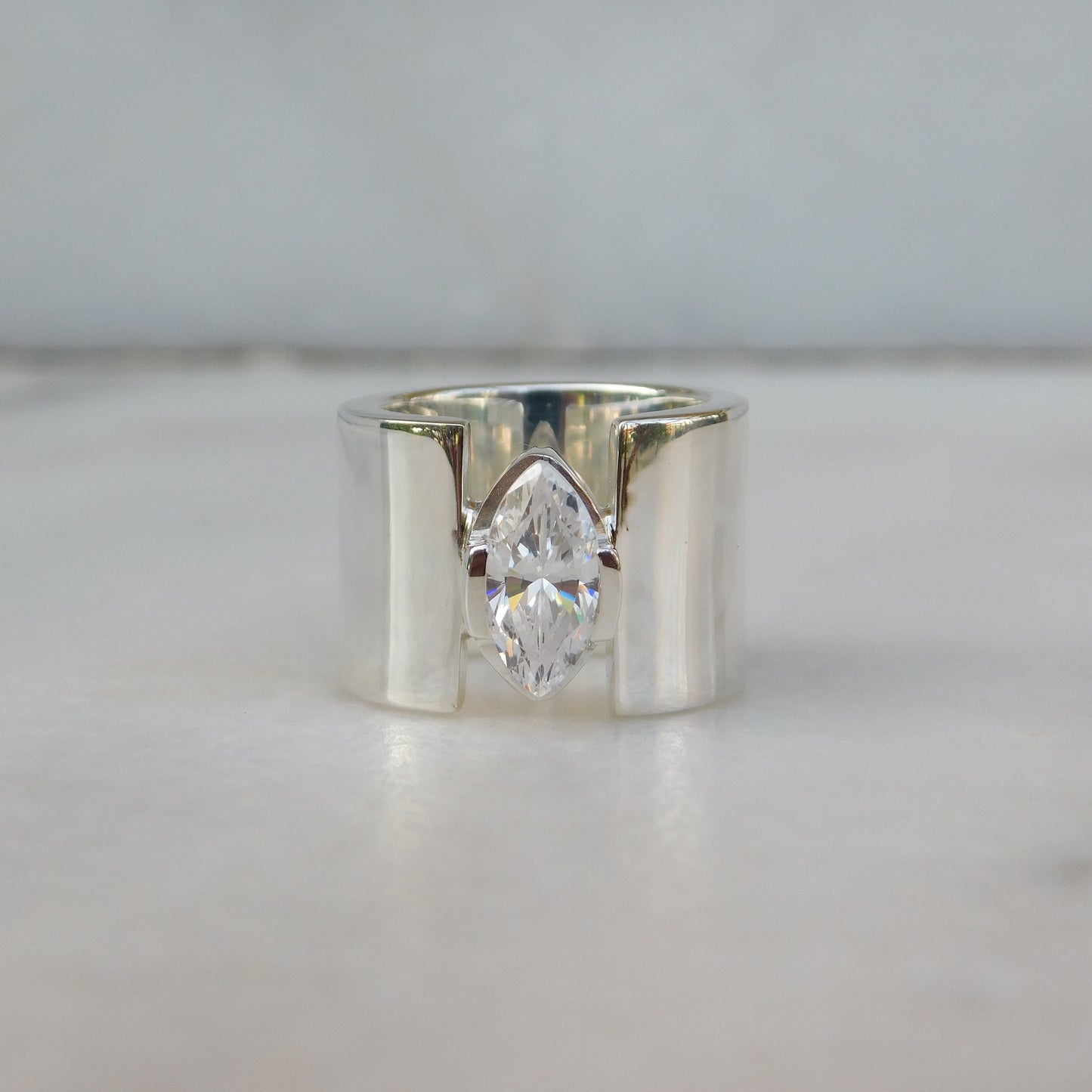 Promise Ring for Women: AG950 Silver Wide Band Ring, Marquise Cut Moissanite