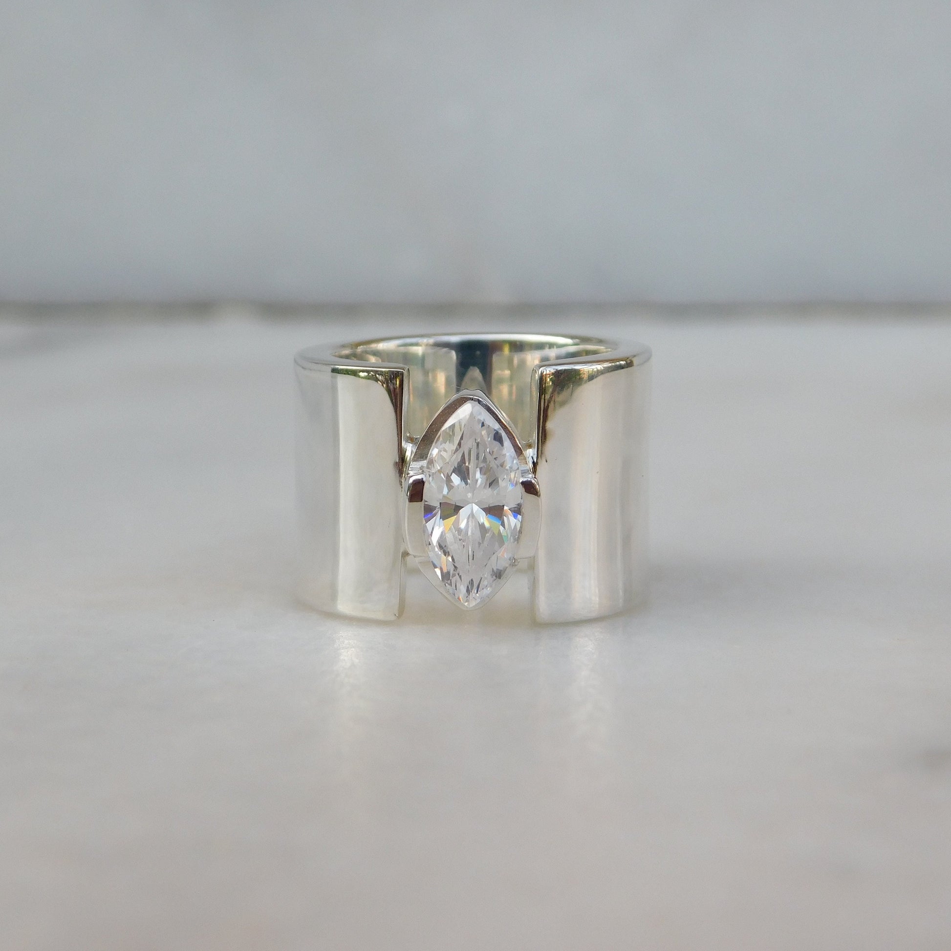 Promise Ring for Women: AG950 Silver Wide Band Ring, Marquise Cut Moissanite