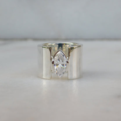 Promise Ring for Women: AG950 Silver Wide Band Ring, Marquise Cut Moissanite