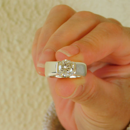 Thick Band Moissanite Engagement Ring: AG950 Sterling Silver Tension Ring