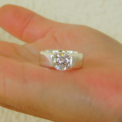 Thick Band Moissanite Engagement Ring: AG950 Sterling Silver Tension Ring