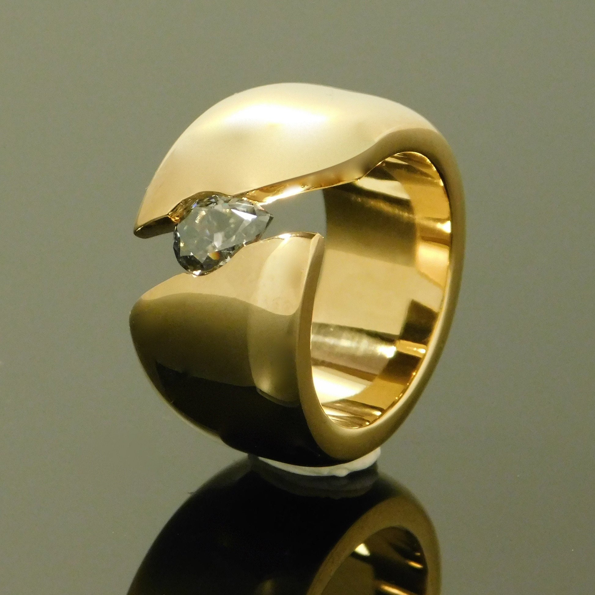 Wide Band Gray Moissanite Ring: Gold Dome Tension Setting