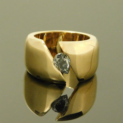 Wide Band Gray Moissanite Ring: Gold Dome Tension Setting