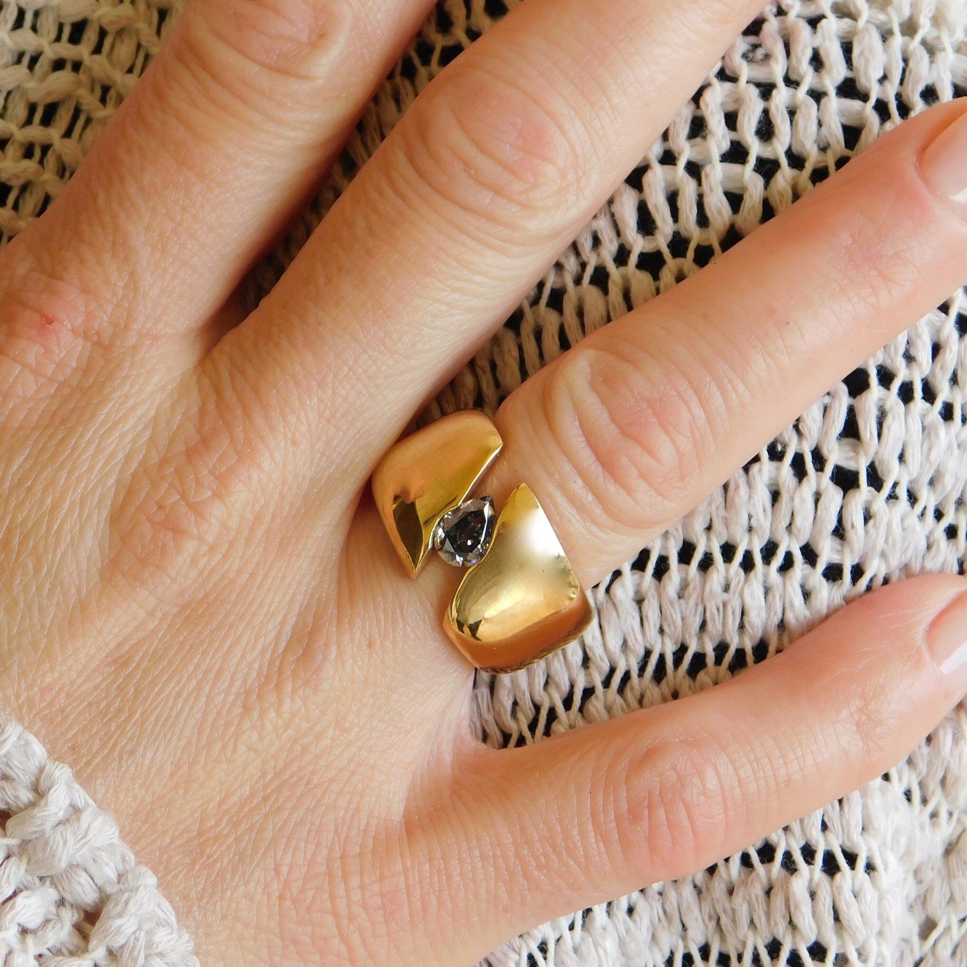 Wide Band Gray Moissanite Ring: Gold Dome Tension Setting