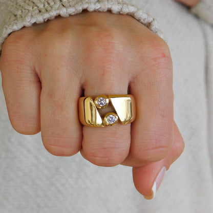 Gold Band Ring: Chunky Dome Ring with CZ Solitaire